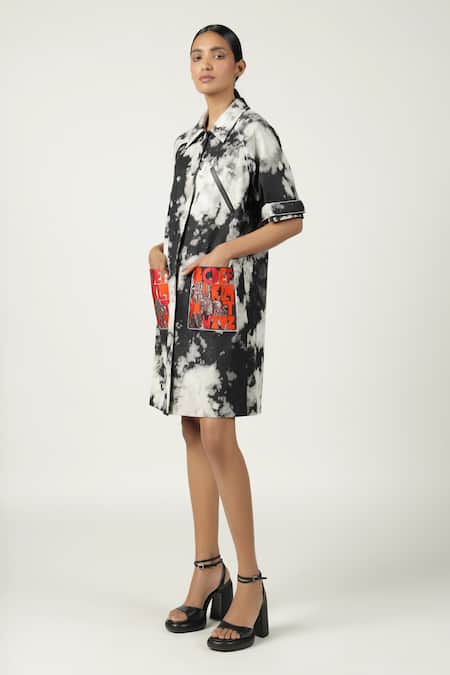 Buy_Shahin Mannan_Grey Denim Embroidery Collared A To Z Pocket Raglan Sleeve Dress _Online_at_Aza_Fashions