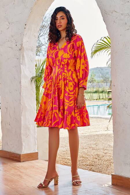 House Of Fett_Pink Cotton V-neck Mia Printed Dress_Online_at_Aza_Fashions