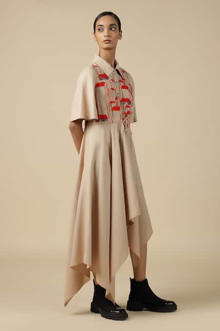 Shahin Mannan_Beige Linen Embroidery Shawl Neck Tiny Houses Asymmetric Dress _Online_at_Aza_Fashions