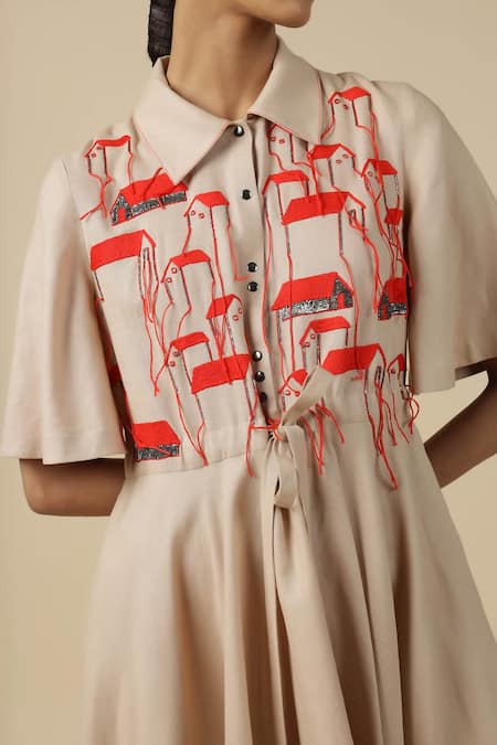 Buy_Shahin Mannan_Beige Linen Embroidery Shawl Neck Tiny Houses Asymmetric Dress _Online_at_Aza_Fashions