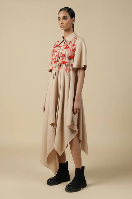 Shop_Shahin Mannan_Beige Linen Embroidery Shawl Neck Tiny Houses Asymmetric Dress _Online_at_Aza_Fashions