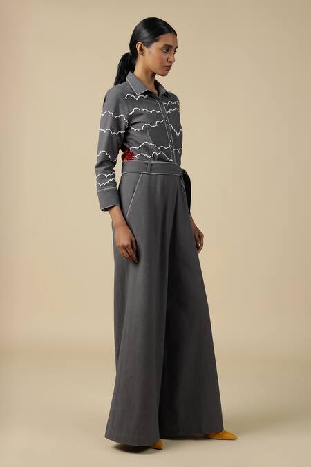 Shahin Mannan_Grey Cotton Embroidery, Buckles Cloud And Rainbow Pattern Jumpsuit With Belt _Online_at_Aza_Fashions