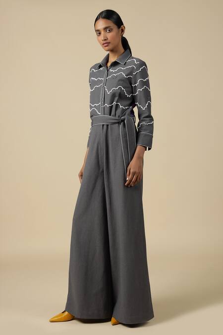 Buy_Shahin Mannan_Grey Cotton Embroidery, Buckles Cloud And Rainbow Pattern Jumpsuit With Belt _Online_at_Aza_Fashions