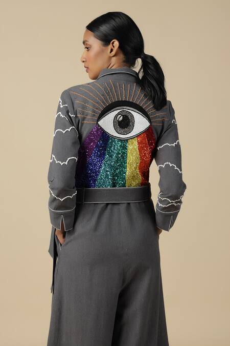 Shop_Shahin Mannan_Grey Cotton Embroidery, Buckles Cloud And Rainbow Pattern Jumpsuit With Belt _Online_at_Aza_Fashions