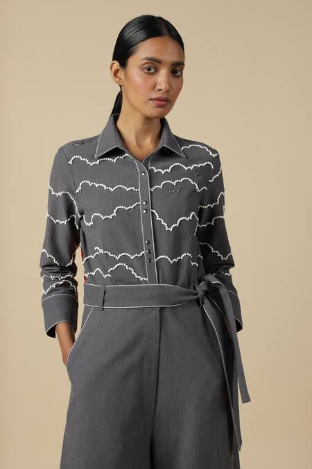 Shahin Mannan_Grey Cotton Embroidery, Buckles Cloud And Rainbow Pattern Jumpsuit With Belt _at_Aza_Fashions