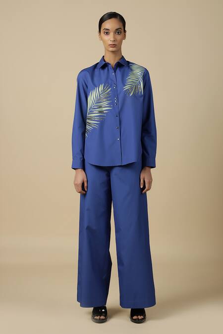 Shahin Mannan_Blue Poplin Plain Flared Pant _Online_at_Aza_Fashions