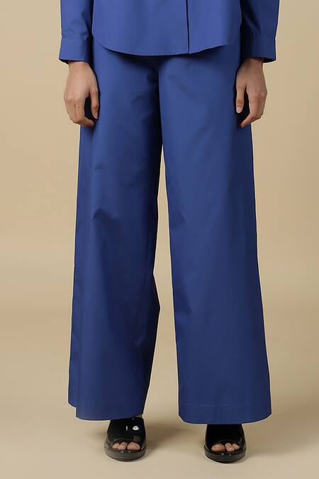 Buy_Shahin Mannan_Blue Poplin Plain Flared Pant _Online_at_Aza_Fashions