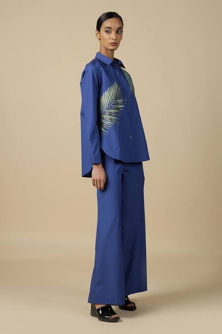 Shop_Shahin Mannan_Blue Poplin Plain Flared Pant _Online_at_Aza_Fashions