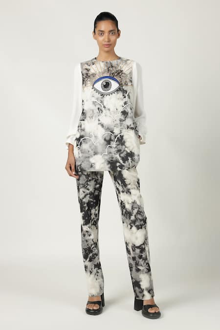 Shahin Mannan_Grey Denim Embroidery Round Neck Clouds And Eye Flared Top _Online_at_Aza_Fashions