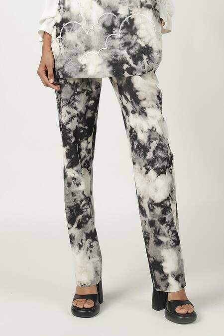 Buy_Shahin Mannan_Gray Denim Embroidery Round Neck Cloud Eye Top And Pant Set _Online_at_Aza_Fashions