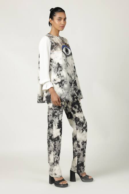 Shop_Shahin Mannan_Gray Denim Embroidery Round Neck Cloud Eye Top And Pant Set _Online_at_Aza_Fashions