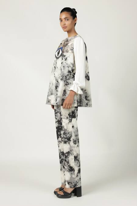 Shahin Mannan_Gray Denim Embroidery Round Neck Cloud Eye Top And Pant Set _at_Aza_Fashions