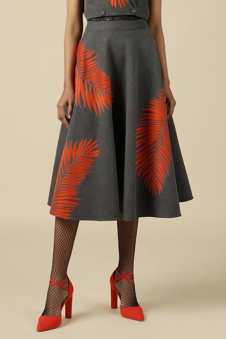 Shahin Mannan_Grey Thin Denim Embroidered Big Leaf Flared Skirt  _Online_at_Aza_Fashions