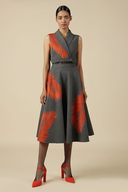 Shahin Mannan_Grey Denim Embroidery Shawl Neck Big Leaf Wrap Crop Top _Online_at_Aza_Fashions