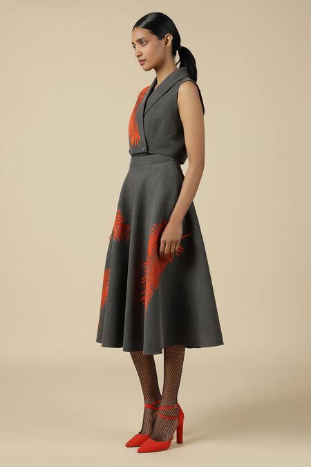 Shop_Shahin Mannan_Grey Denim Embroidery Shawl Neck Big Leaf Wrap Crop Top _Online_at_Aza_Fashions