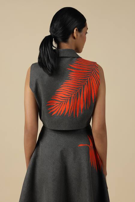 Shahin Mannan_Grey Denim Embroidery Shawl Neck Big Leaf Wrap Crop Top With Circular Skirt _at_Aza_Fashions