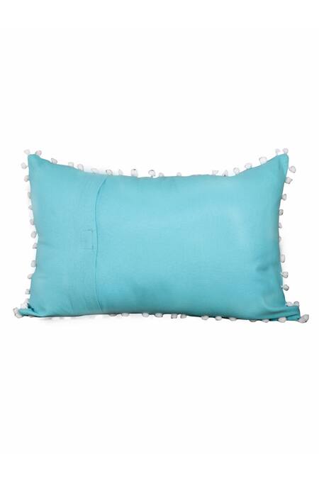 My Gift Booth_Blue Linen Pom-pom Border Cushion_Online_at_Aza_Fashions