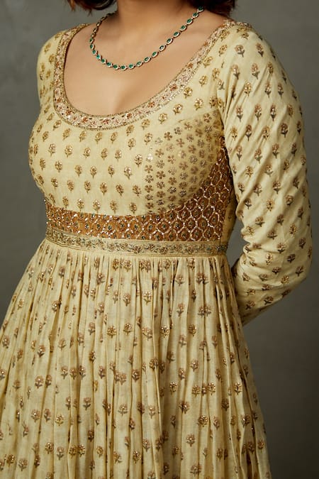 Shop RI.Ritu Kumar Beige Cotton, Silk, Viscose Embroidery Round Neck Zardozi Anarkali Set Online at Aza Fashions Shop_RI.Ritu Kumar_Beige Cotton, Silk, Viscose Embroidery Round Neck Zardozi Anarkali Set _Online_at_Aza_Fashions