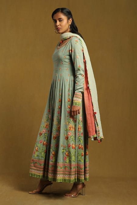 Ritu Kumar Green Cotton Satin, Viscose Embroidery, Tassels Scoop Floral Print Anarkali Set Online at Aza Fashions Ritu Kumar_Green Cotton Satin, Viscose Embroidery, Tassels Scoop Floral Print Anarkali Set _Online_at_Aza_Fashions