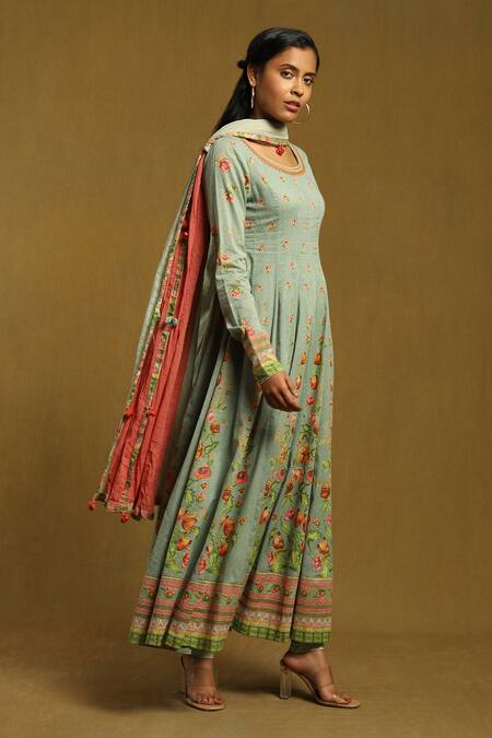 Buy Ritu Kumar Green Cotton Satin, Viscose Embroidery, Tassels Scoop Floral Print Anarkali Set Online at Aza Fashions Buy_Ritu Kumar_Green Cotton Satin, Viscose Embroidery, Tassels Scoop Floral Print Anarkali Set _Online_at_Aza_Fashions