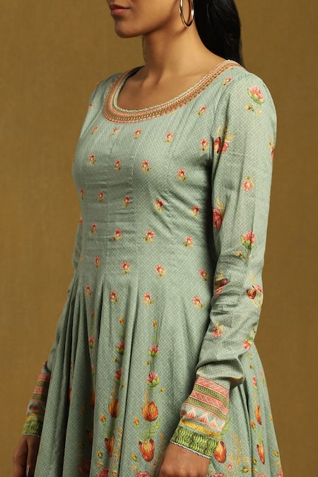 Shop Ritu Kumar Green Cotton Satin, Viscose Embroidery, Tassels Scoop Floral Print Anarkali Set Online at Aza Fashions Shop_Ritu Kumar_Green Cotton Satin, Viscose Embroidery, Tassels Scoop Floral Print Anarkali Set _Online_at_Aza_Fashions