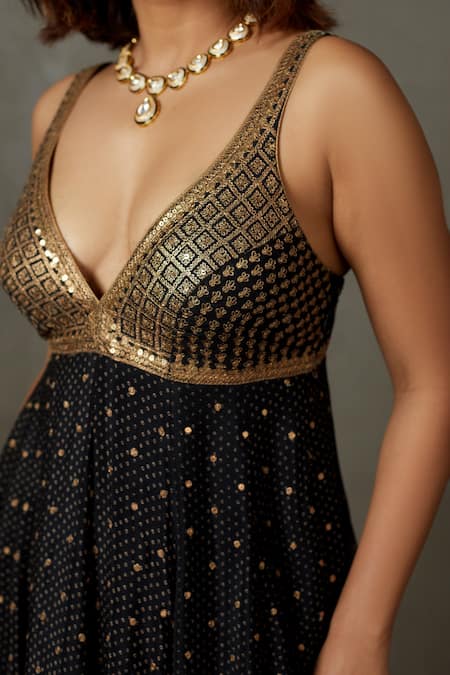 Shop RI.Ritu Kumar Black Anarkali Silk Embroidered Aari Plunge V Neck Sohini Set Online at Aza Fashions Shop_RI.Ritu Kumar_Black Anarkali Silk Embroidered Aari Plunge V Neck Sohini Set _Online_at_Aza_Fashions