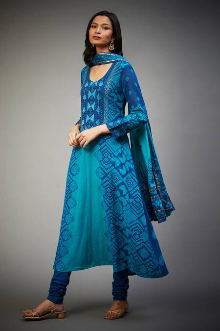 RI.Ritu Kumar_Blue Embroidered Floral/tropical Round Neck Floral Kurta Set_Online_at_Aza_Fashions