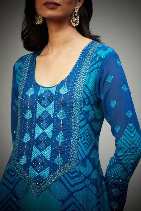 Shop_RI.Ritu Kumar_Blue Embroidered Floral/tropical Round Neck Floral Kurta Set_Online_at_Aza_Fashions
