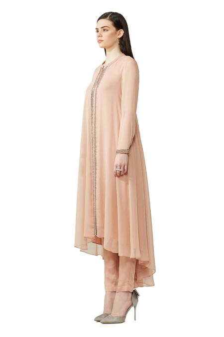 Rohit Gandhi + Rahul Khanna_Peach Silk, Georgette Beads, Metallic Placket Embellished Kurta And Pant Set _Online_at_Aza_Fashions