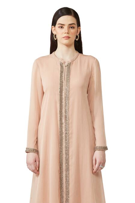 Buy_Rohit Gandhi + Rahul Khanna_Peach Silk, Georgette Beads, Metallic Placket Embellished Kurta And Pant Set _Online_at_Aza_Fashions