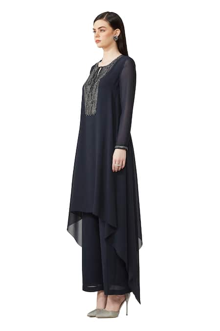 Rohit Gandhi + Rahul Khanna_Blue Silk, Georgette Crystals, Yoke Embellished Straight Kurta And Flared Pant Set _Online_at_Aza_Fashions