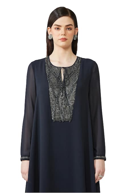 Buy_Rohit Gandhi + Rahul Khanna_Blue Silk, Georgette Crystals, Yoke Embellished Straight Kurta And Flared Pant Set _Online_at_Aza_Fashions