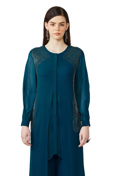Rohit Gandhi + Rahul Khanna Blue Silk, Georgette Sequins, Double Layered Embellished Kurta And Flared Pant Set Online at Aza Fashions Rohit Gandhi + Rahul Khanna_Blue Silk, Georgette Sequins, Double Layered Embellished Kurta And Flared Pant Set _Online_at_Aza_Fashions