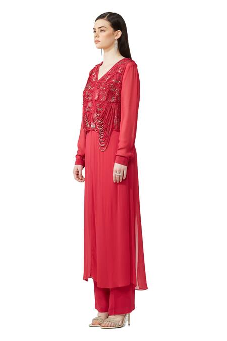Rohit Gandhi + Rahul Khanna_Pink Silk, Georgette Embroidery V-neck Dori Embellished Kurta And Pant Set _Online_at_Aza_Fashions