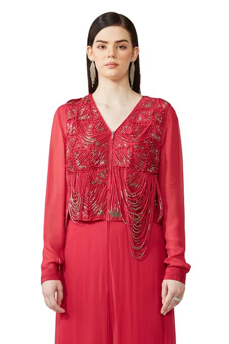 Buy_Rohit Gandhi + Rahul Khanna_Pink Silk, Georgette Embroidery V-neck Dori Embellished Kurta And Pant Set _Online_at_Aza_Fashions