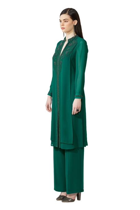 Rohit Gandhi + Rahul Khanna Green Silk, Georgette Sequins, Beads Embellished Kurta And Flared Pant Set Online at Aza Fashions Rohit Gandhi + Rahul Khanna_Green Silk, Georgette Sequins, Beads Embellished Kurta And Flared Pant Set _Online_at_Aza_Fashions
