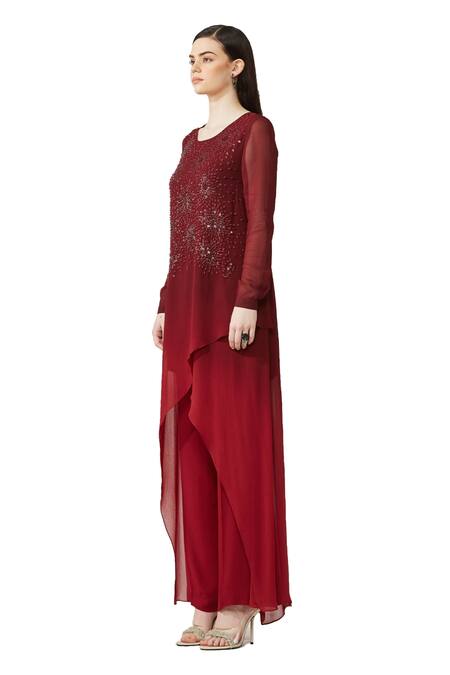 Rohit Gandhi + Rahul Khanna_Maroon Silk Georgette Embellished Sequin Round Overlap Asymmetric Ombre Tunic _Online_at_Aza_Fashions