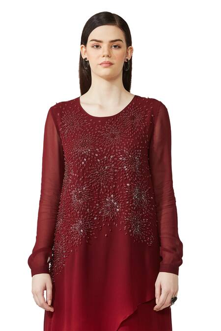 Buy_Rohit Gandhi + Rahul Khanna_Maroon Silk Georgette Embellished Sequin Round Overlap Asymmetric Ombre Tunic _Online_at_Aza_Fashions