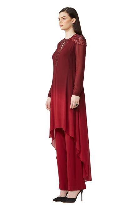 Rohit Gandhi + Rahul Khanna Maroon Silk Georgette Embellished Sequin Keyhole Yoke Ombre Tunic Online at Aza Fashions Rohit Gandhi + Rahul Khanna_Maroon Silk Georgette Embellished Sequin Keyhole Yoke Ombre Tunic _Online_at_Aza_Fashions