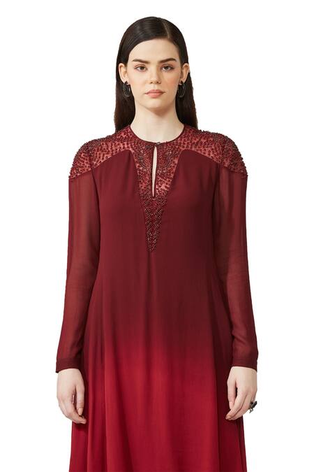 Buy Rohit Gandhi + Rahul Khanna Maroon Silk Georgette Embellished Sequin Keyhole Yoke Ombre Tunic Online at Aza Fashions Buy_Rohit Gandhi + Rahul Khanna_Maroon Silk Georgette Embellished Sequin Keyhole Yoke Ombre Tunic _Online_at_Aza_Fashions