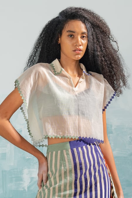 Ikai By Ragini Ahuja_Ivory Chanderi, Cotton Cut Work Collared Nile Kaftan Crop Top And Bralette Set_Online_at_Aza_Fashions