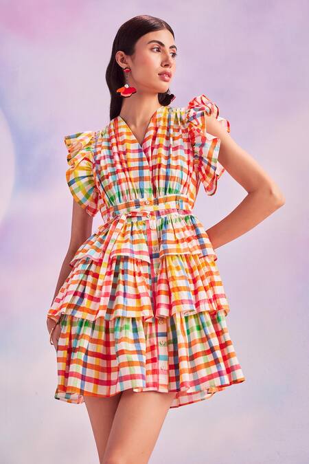 House Of Eda_Multi Color Cotton V-neck Meryll Chequered Pattern Dress_Online_at_Aza_Fashions