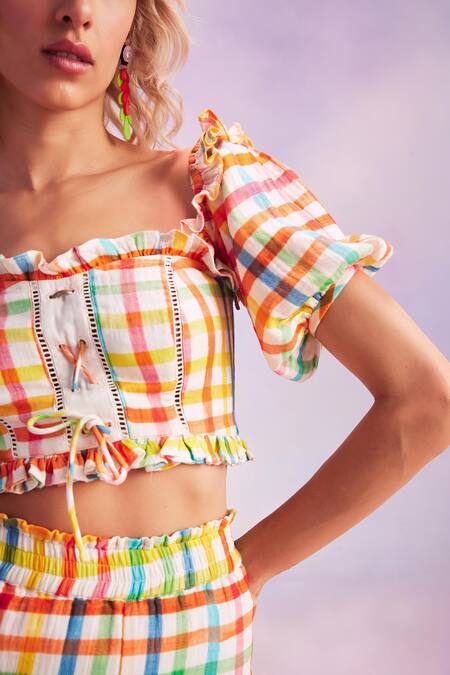 Buy_House Of Eda_Multi Color 100% Cotton Chequered Meryll Pattern Crop Top And Pant Set _Online_at_Aza_Fashions