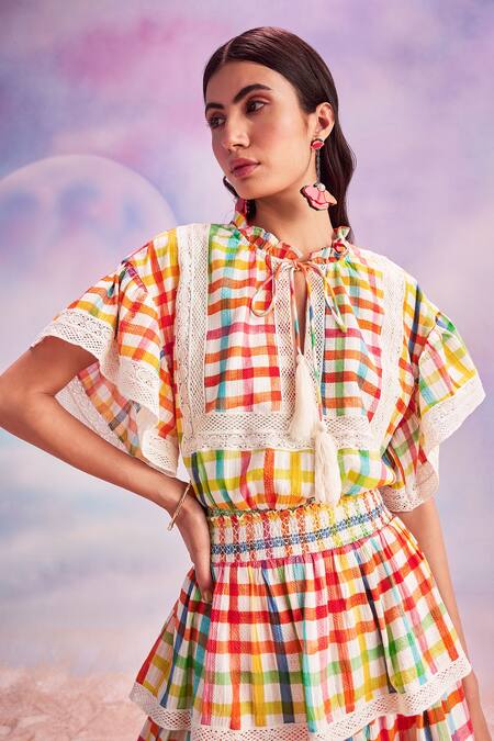 Buy_House Of Eda_Multi Color 70% Linen Chequered Marnie Pattern Top And Skirt Set _Online_at_Aza_Fashions