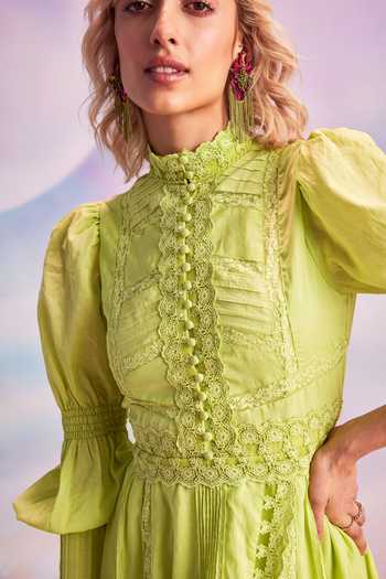 House Of Eda_Yellow Shell 80% Cotton 20% Silk Embroidery Scallop Sabrina Dress _Online_at_Aza_Fashions