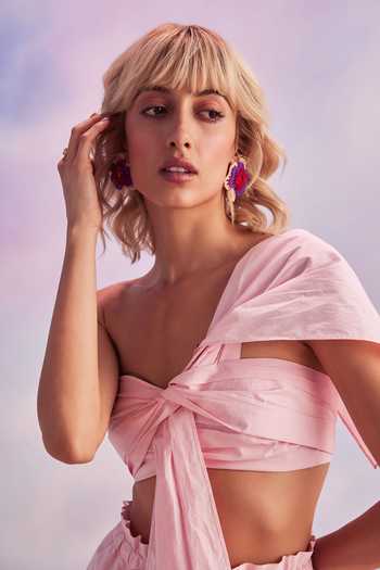 House Of Eda_Pink 100% Cotton One Shoulder Camden Bandeau And Shorts Set _Online_at_Aza_Fashions
