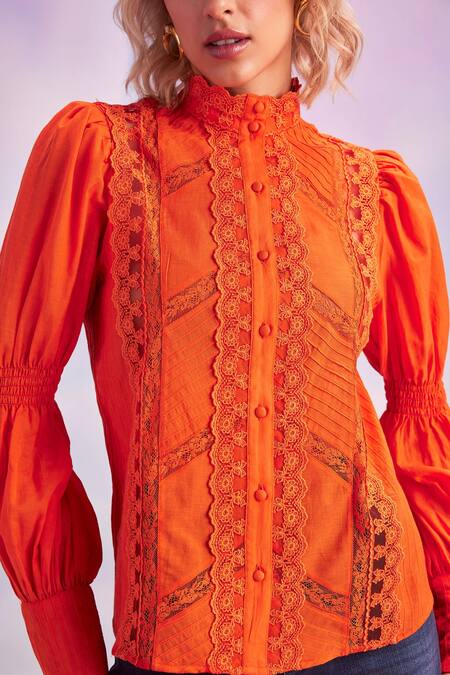 House Of Eda_Orange Cotton, Silk, Polyester Lace High Neck Sabrina Embroidered Top_Online_at_Aza_Fashions