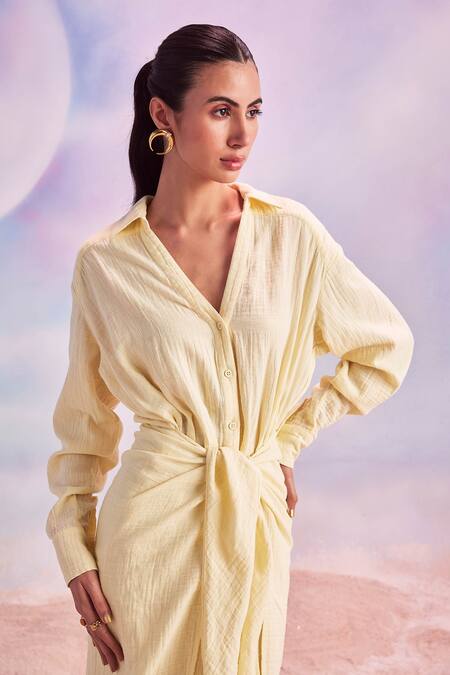 House Of Eda Yellow Cotton V-neck Nia Draped Dress Online at Aza Fashions House Of Eda_Yellow Cotton V-neck Nia Draped Dress_Online_at_Aza_Fashions