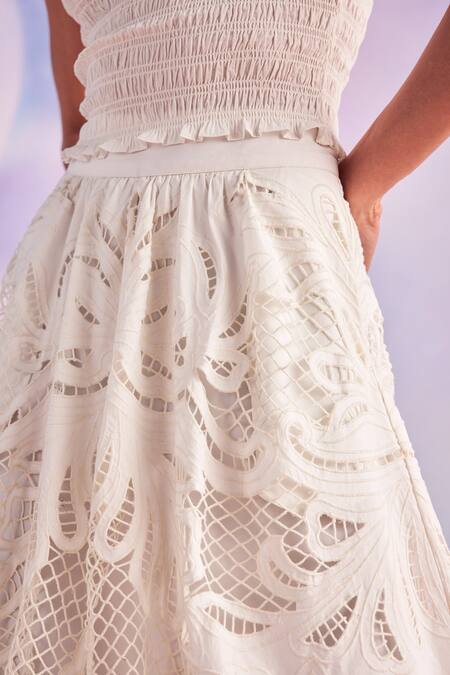 Buy_House Of Eda_Ivory Shell 100% Cotton Embroidered Smocked Top And Floral Cut Work Set _Online_at_Aza_Fashions