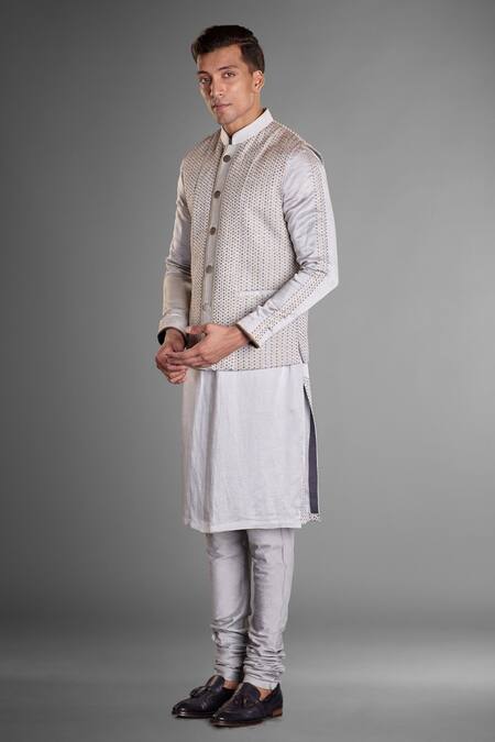 More Mischief_Gray Silk, Linen Embroidery Grey Bundi_Online_at_Aza_Fashions